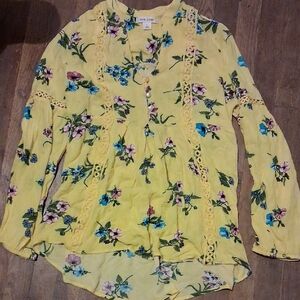 Adam Levine Collection Yellow Floral Lace-Trim Button Blouse